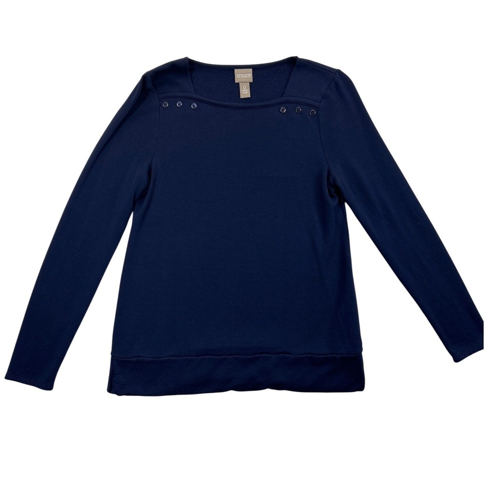 Chicos Top Pullover Womens 0 XS Navy Blue Long Sleeve Square Neck Button Detail